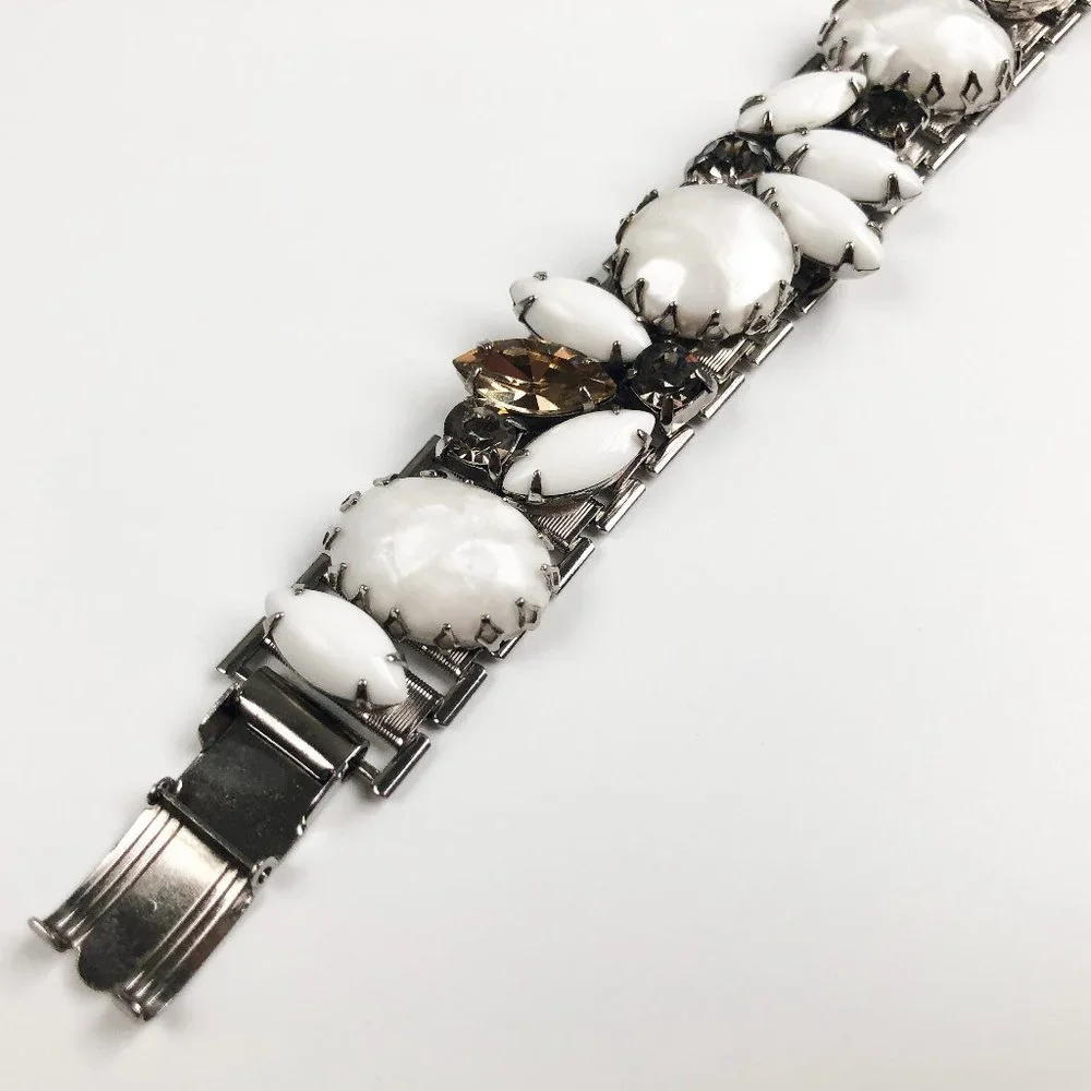 White rhinestone wide bracelet, accent silver mesh bracelet large fancy crystal